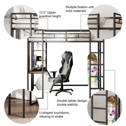 Merax Black Twin Metal Loft Bed with Desk and Shelves, Noise-Free Design - WoodArtSupply