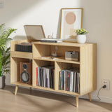 Record Player Stand with Charging Station & USB Ports, Mid-Century Turntable Stand Table Holds Up to 300 Albums, Vinyl Record Storage Cabinet with Wood Legs for Living Room Office (Wood) Oubayajia