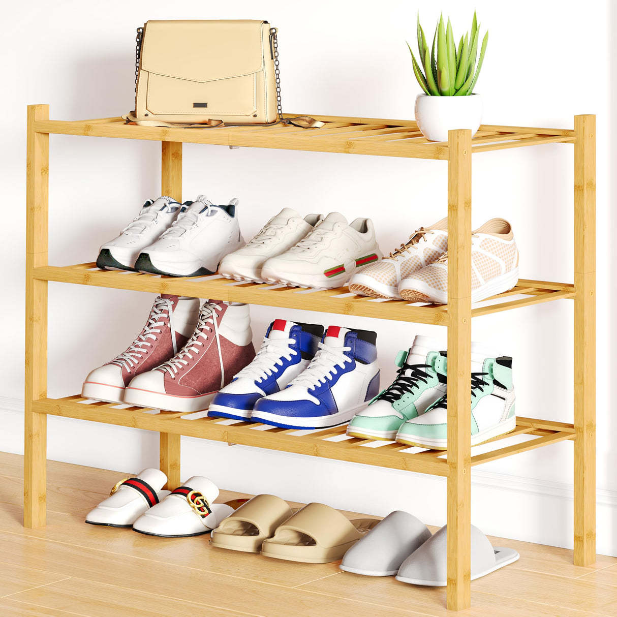 Smiry Shoe Rack, 3 Tier Bamboo Shoe Organizer, Stackable Free Standing Wooden Shoe Storage Shelf for Closet, Entryway, Front Door Entrance, Natural Smiry