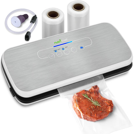NutriChef Vacuum Sealer | Automatic Vacuum Air Sealing System For Food Preservation w/ Starter Kit | Compact Design | Lab Tested | Dry & Moist Food Modes | Led Indicator Lights NutriChef