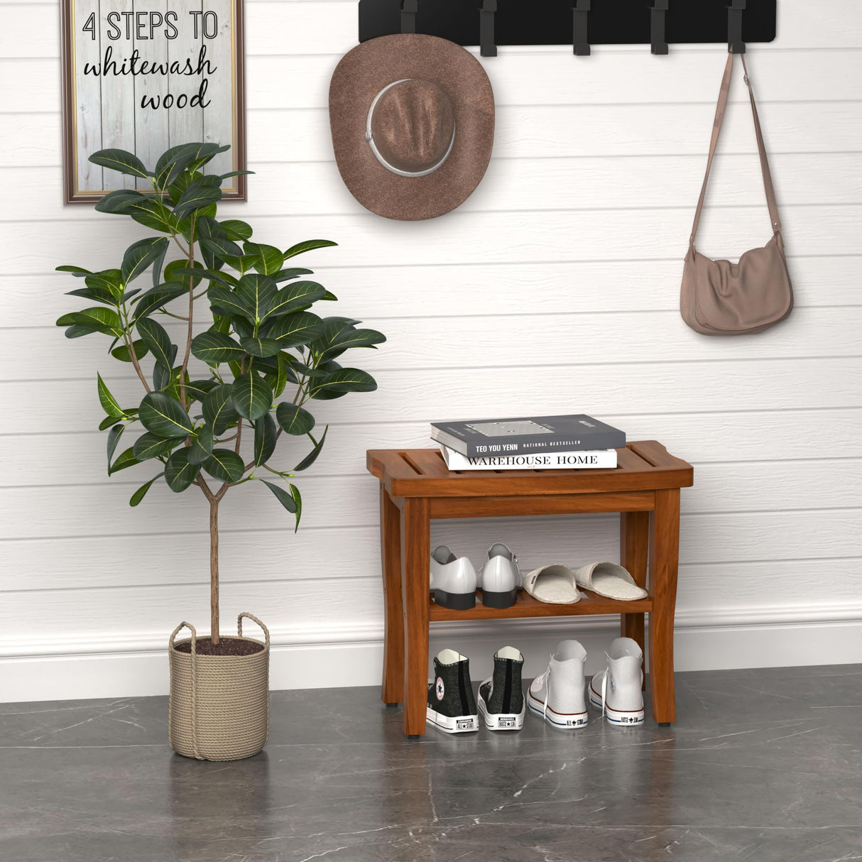 Teak Shower Bench Stool with Storage Shelf, Waterproof Shower Chair Spa Bath Seat, Shower Stool for Inside Shower, Bathroom Bench Seat for Adults Elderly Seniors for Indoor or Outdoor Use oridom