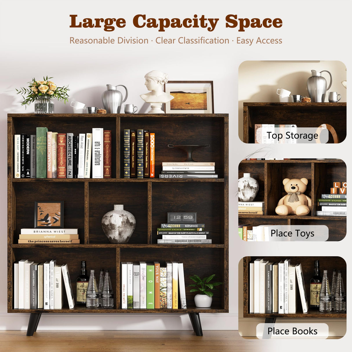 Shintenchi Cube Storage Organizer, 3 Tier Mid-Century Bookcase with Legs Cubeicals Retro Wood Organizer Storage Bookcase, Freestanding Open Book Shelves for Bedroom,Living Room,Office(Brown) Shintenchi