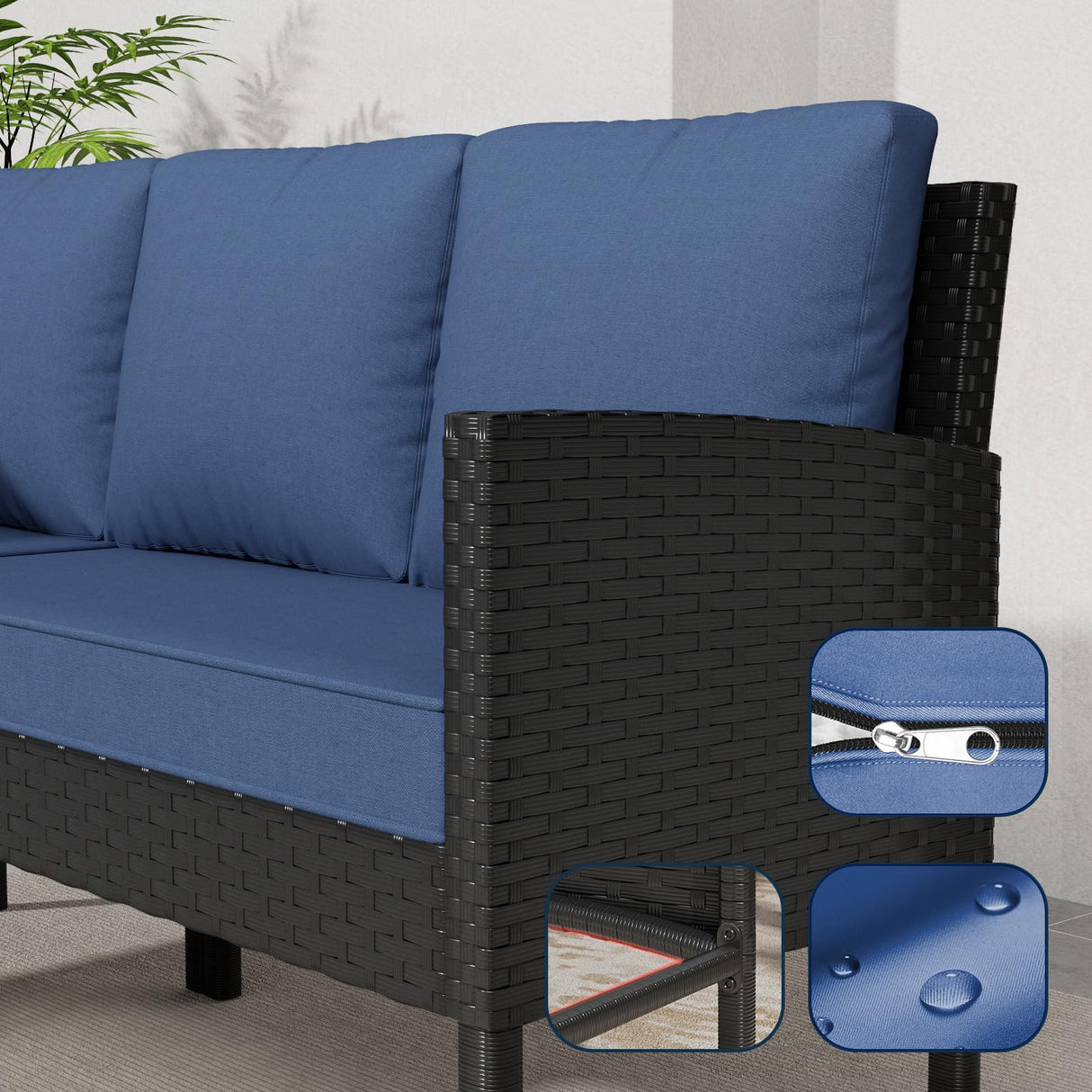 Temminkii 7 Piece Outdoor Dining Set, All-Weather Patio Furniture with Seat & Back Cushions, Conversation Sectional Sofa Set with Long Glass Coffee Table for Garden, Porch, Lawn, Blue Temminkii