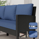 Temminkii 7 Piece Outdoor Dining Set, All-Weather Patio Furniture with Seat & Back Cushions, Conversation Sectional Sofa Set with Long Glass Coffee Table for Garden, Porch, Lawn, Blue Temminkii