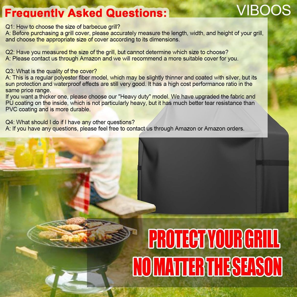 Grill Cover, 58 inch BBQ Gas Grill Cover for Outdoor Grill, Waterproof, Anti-UV, Rip-Proof, Fade Resistant Material, Barbecue Cover with Hook-and-Loop Straps & Adjustable Hem Drawstring, Black VIBOOS