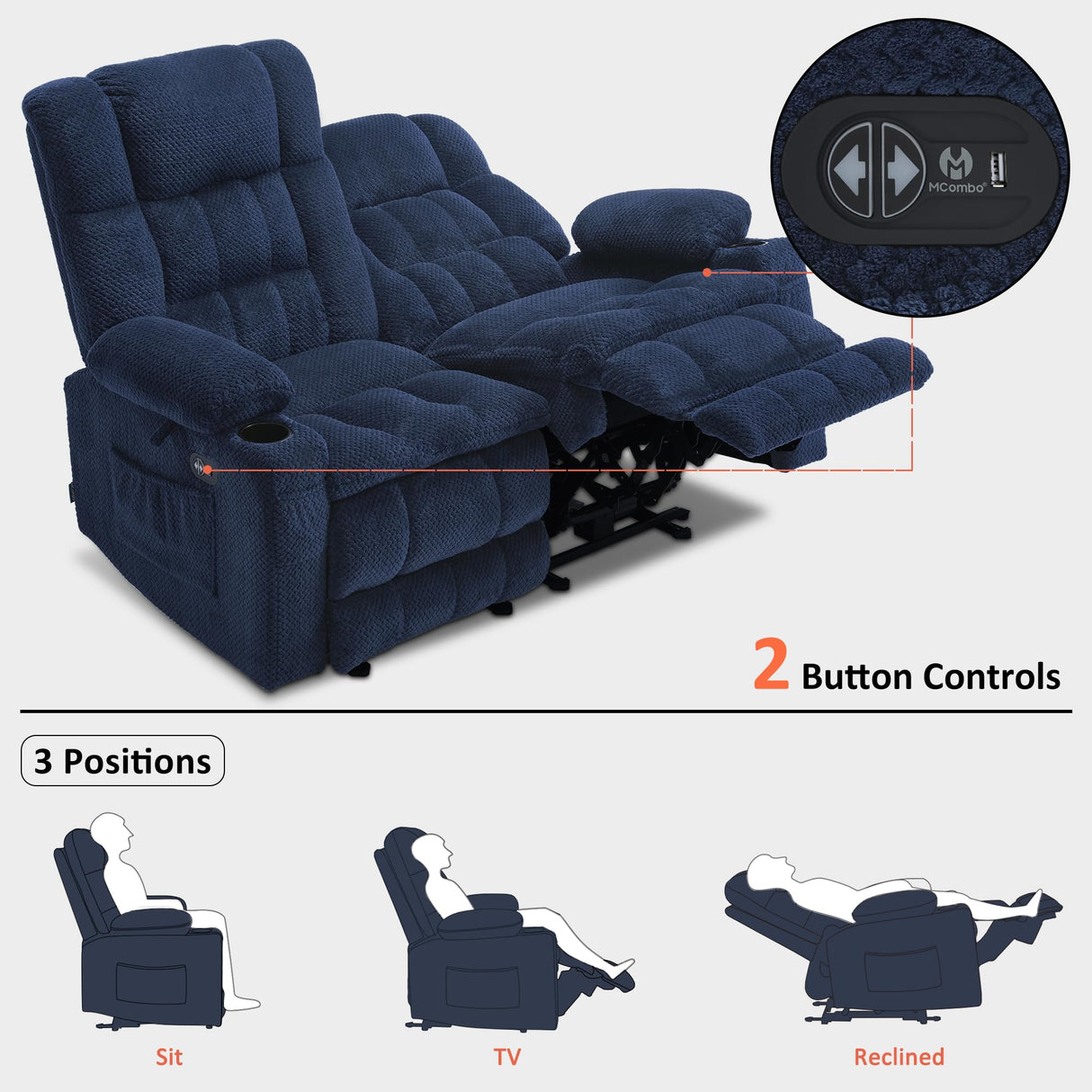 MCombo 57" Power Loveseat Recliner, Electric Reclining Loveseat Sofa with Heat and Vibration, Cupholders, USB Charge Ports for Living Room RS6314 (Navy Blue) MCombo