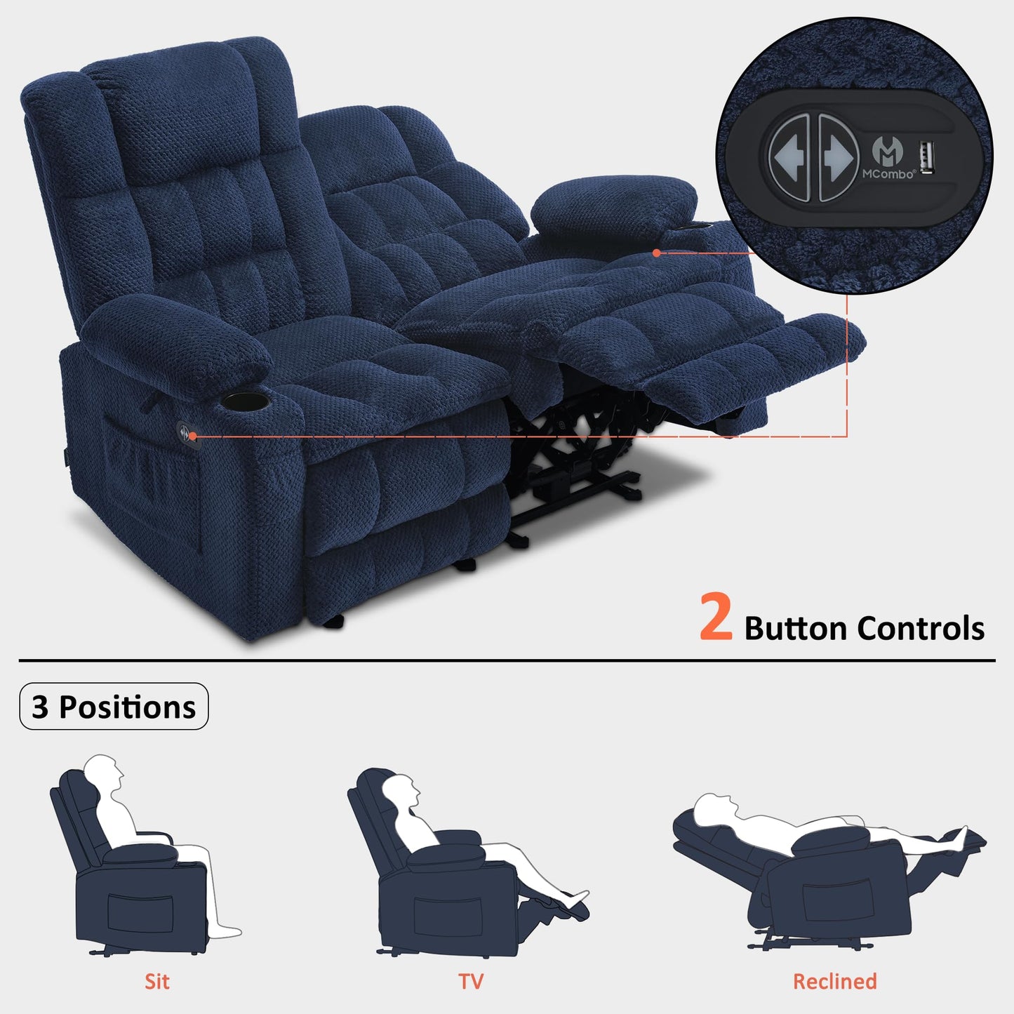 MCombo 57" Power Loveseat Recliner, Electric Reclining Loveseat Sofa with Heat and Vibration, Cupholders, USB Charge Ports for Living Room RS6314 (Navy Blue)