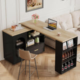 HSH 72" Rolling Kitchen Island with Seating, 360° Swivel Table, Kitchen Island with Storage Cabinet, Drawer & Shelves, Farmhouse Mobile Island Cart on Wheels for Dining Room & Home Bar, Black Oak HSH