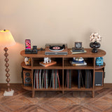 LUVIOHOME Large Round Record Player Stand with Charging Station & USB Ports，Record Storage Cabinet, Mid Century Modern Turntable Stand for Bedroom Living Room (Walnut) LUVIOHOME