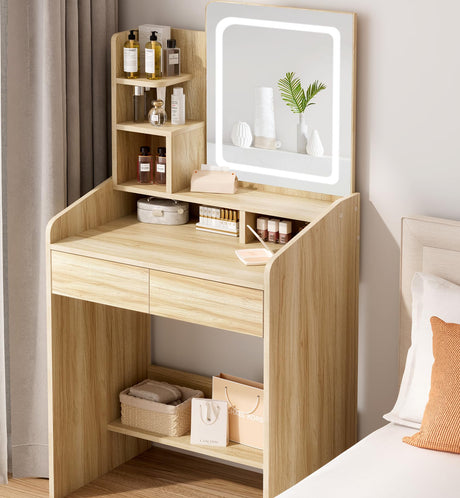 LIVELYGLOW Small Vanity Desk Set with Square Mirror and Light- Vanity Desk with Drawers- Wood LIVELYGLOW