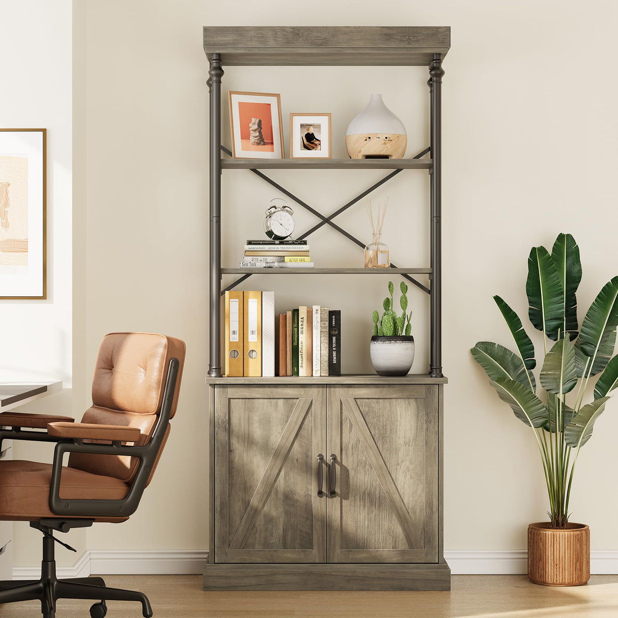IDEALHOUSE Tall Bookshelf with Doors 73.62in Industrial Storage Open Rack Shelf with Cabinet Wood and Metal Bookcase Farmhouse Bookshelves Large Vintage Display Rack Home Office IDEALHOUSE