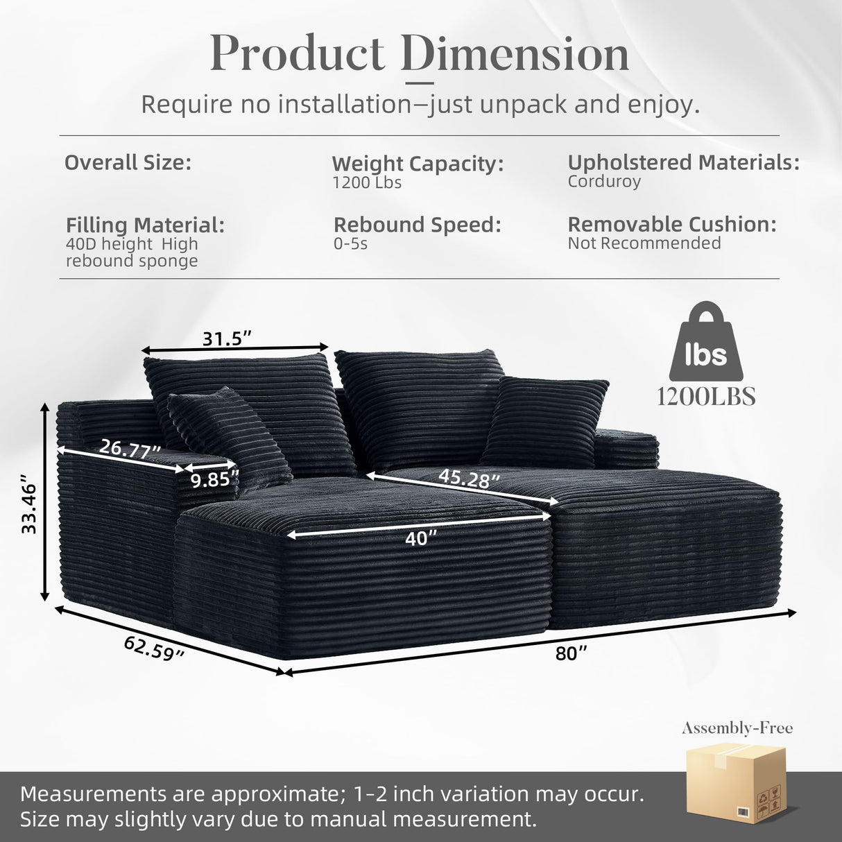 80" Oversized Double Chaise Lounges Indoor, Upholstered Boneless Couch with Deep Seat and 4 Pillows, Modern Corduroy Cloud Plush Sleeper Loveseat Memory Foam Couch, No Assembly Required, Black GULFXDS