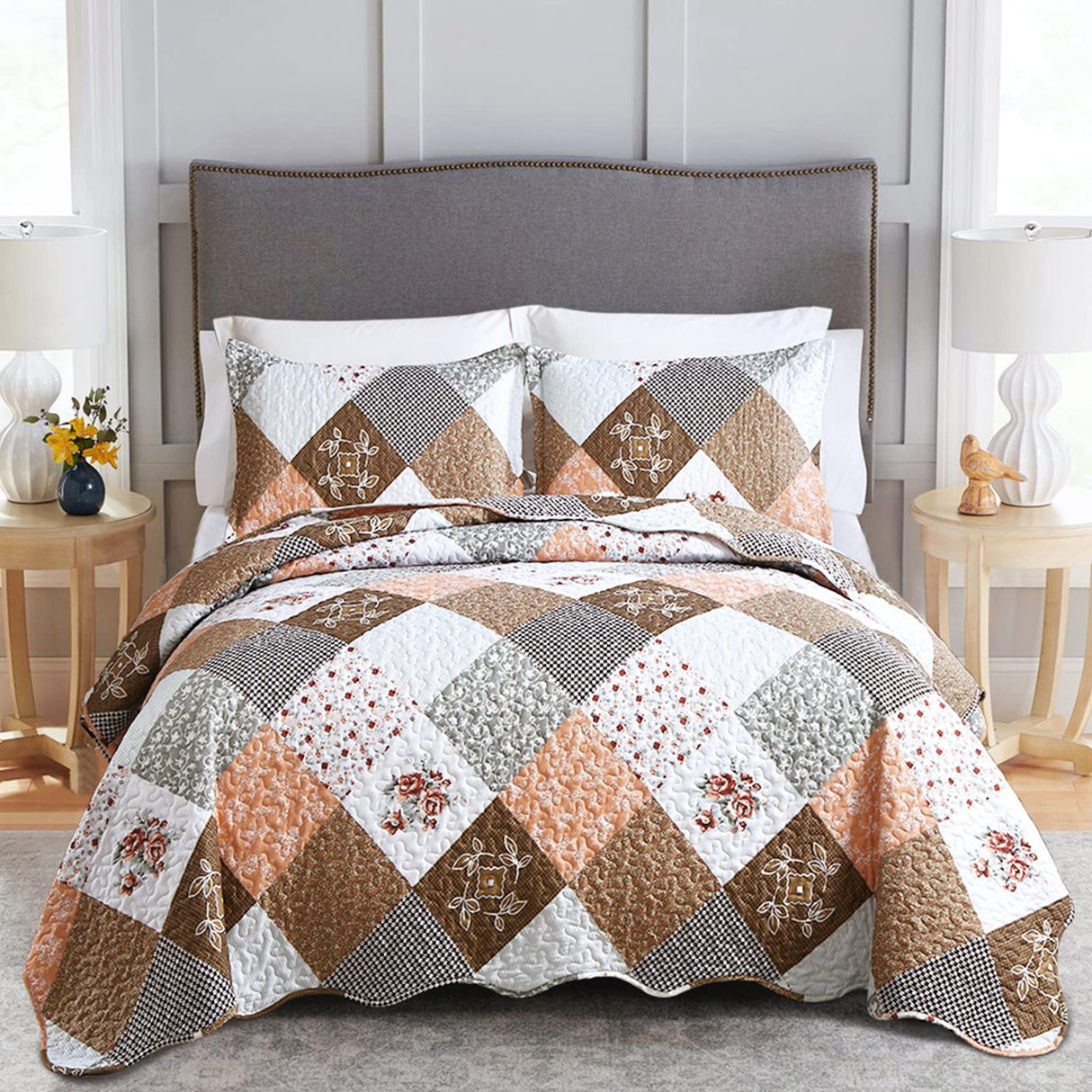 Dinjoy Floral Plaid Patchwork Quilt Set California King Size, Reversible Brown Bedding Set Soft Microfiber Lightweight Bedspread Coverlet 3 Piece Fall Autumn Use(106x96 inches, Cal King) Dinjoy