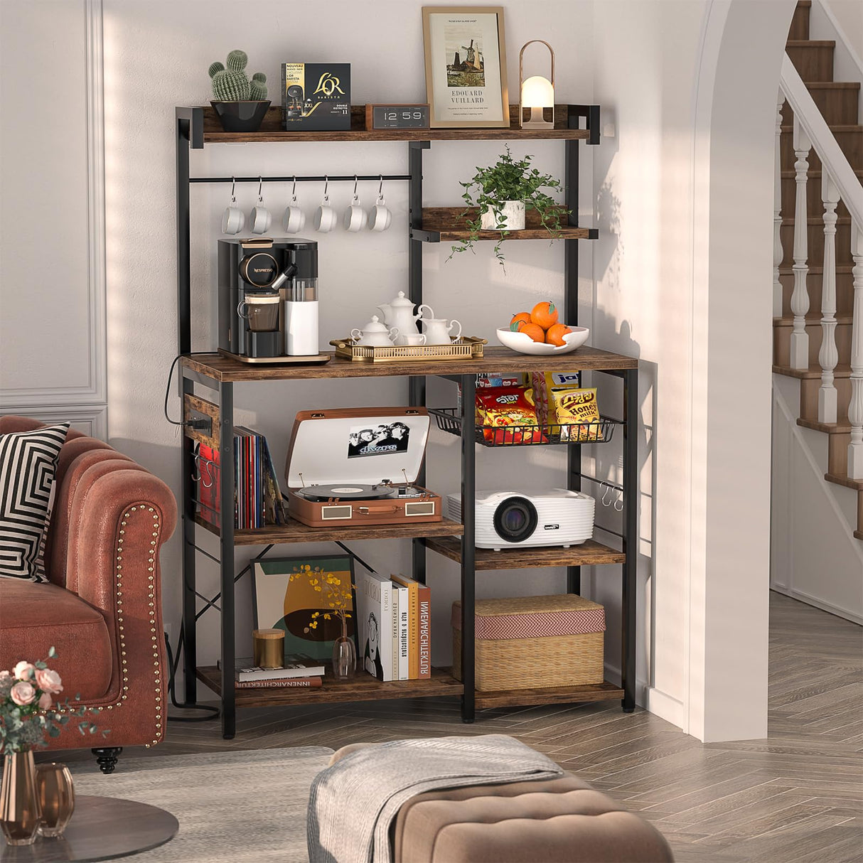 Aheaplus Bakers Rack with Power Outlet and LED Light Strings, Microwave Oven Stand Kitchen Storage Shelf with Wire Basket, Coffee Bar Station Island Table with 10 Hooks for Spices, Pots, Rustic Brown Aheaplus