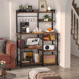 Aheaplus Bakers Rack with Power Outlet and LED Light Strings, Microwave Oven Stand Kitchen Storage Shelf with Wire Basket, Coffee Bar Station Island Table with 10 Hooks for Spices, Pots, Rustic Brown Aheaplus