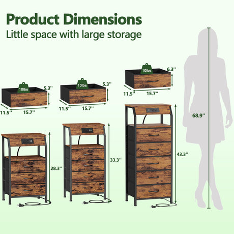 Furnulem 5 Drawers Dresser with Charging Station, Tall Night Stand with Storage Shelf, Fabric Chest of Drawers, Bedside Table for Closet, Entryway, Bedroom Furniture, 3 Ways to Use, Rustic Brown Furnulem