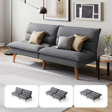 LINSY HOME Futon Sofa Bed - Convertible Corduroy Futon Couch Bed with Adjustable Backrest, Modern Small Loveseat Sleeper Sofa for Small Spaces, Living Room, Apartment or Office (Grey) LINSY HOME