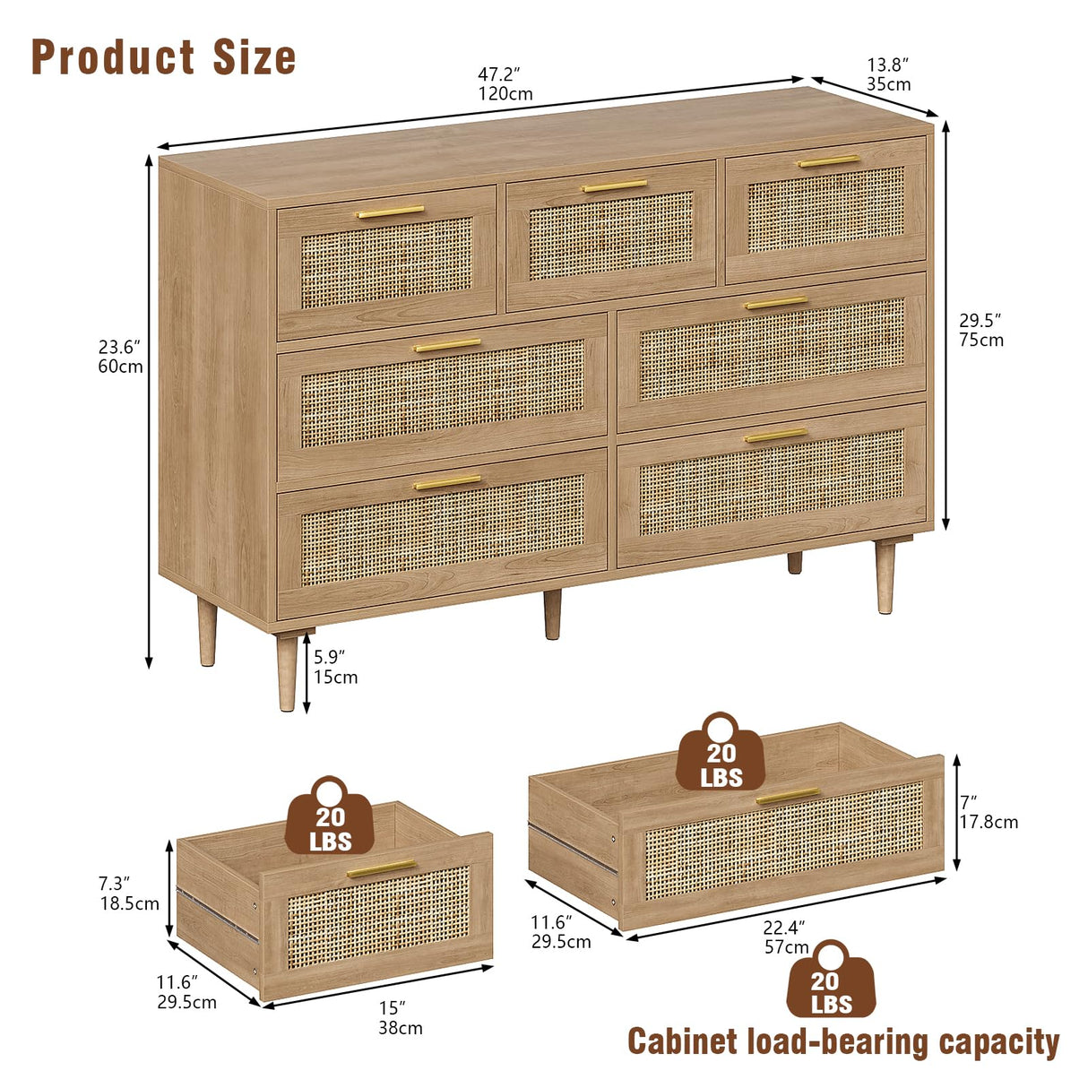 Trironsun Rattan Dresser for Bedroom 7 Drawer Wide Dresser Natural Boho Chest of Drawers Modern Wood Storage Dressers with Golden Handles for Living Room Closet Hallway Trironsun
