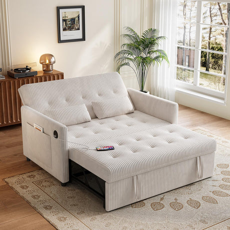 UXENAFANA Sofa Bed, Loveseat 3-in-1 Sleeper Sofa with Pull Out Bed, Pockets and USB, Modern 2 Seater Convertible Small Couch for Living Room Bedroom Apartment (Beige, Corduroy) UXENAFANA