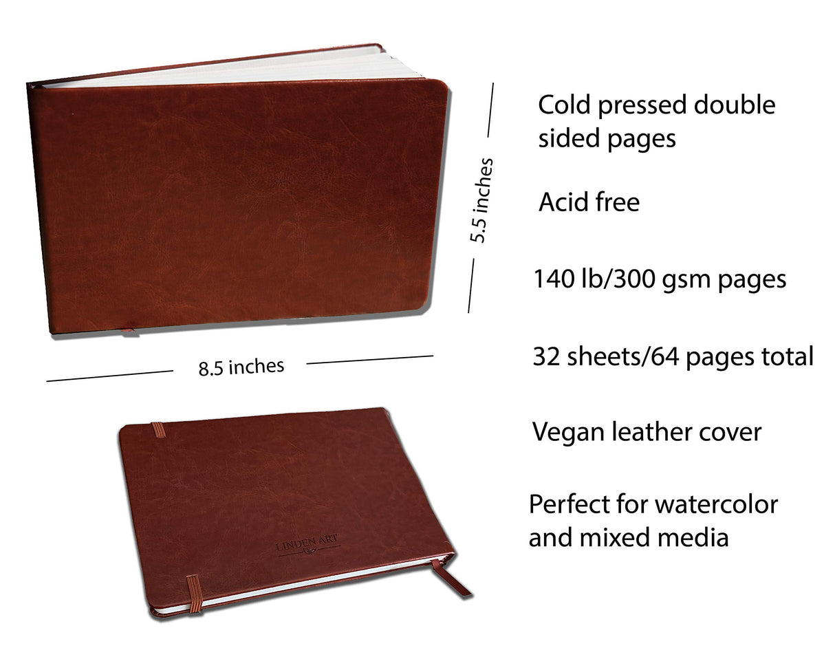 Linden Art Watercolor Journal, 140 lb (300 GSM), 64 Cold Pressed 8.5"x5.5" Pages, Watercolor and Mixed Media Travel Journal, Brown PU Leather Hard Cover Linden Art