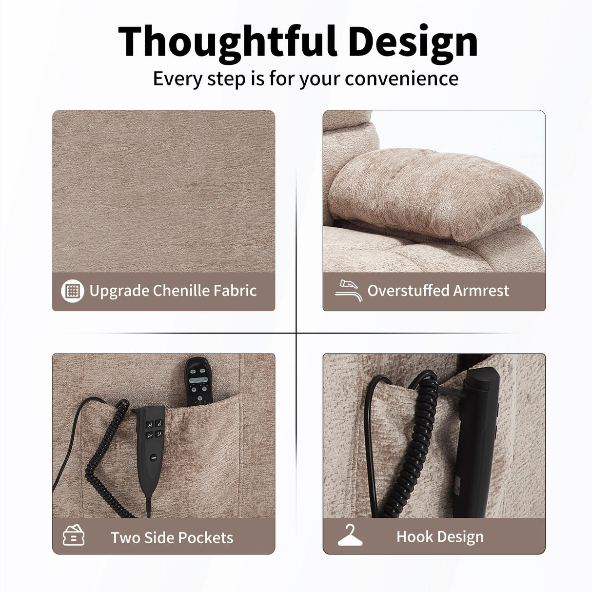 EZZUP Lay Flat Recliner with Vibration Massage and Lumbar Heating, 26'' Wide Recliner Chair with Infinite Position and 2 Remote Controls, Soft Chenille Lift Recliner for Living Room, Khaki EZZUP