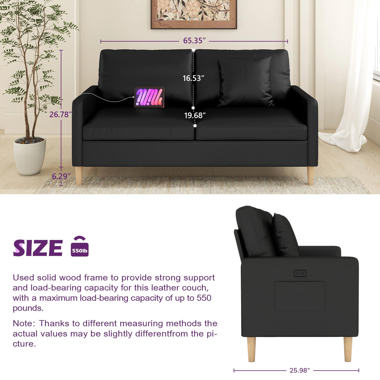 TYBOATLE 66" Black Faux Leather Sofa Couches w/USB, 2 Piece Living Room Set, Mid-Century Modern Tufted Loveseat 2 Seater Office Small Couch Love Seat for Small Space Bedroom Drom Apartment TYBOATLE