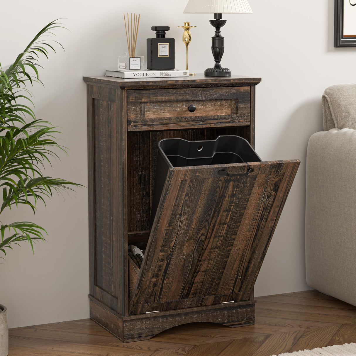 Spurgehom Tilt Out Trash Cabinet Kitchen Waste Bins, Laundry Hamper 13 Gallon Tilt Out Pet Proof Hidden Trash Bin for Kitchen Living Room, Rustic Black Spurgehom