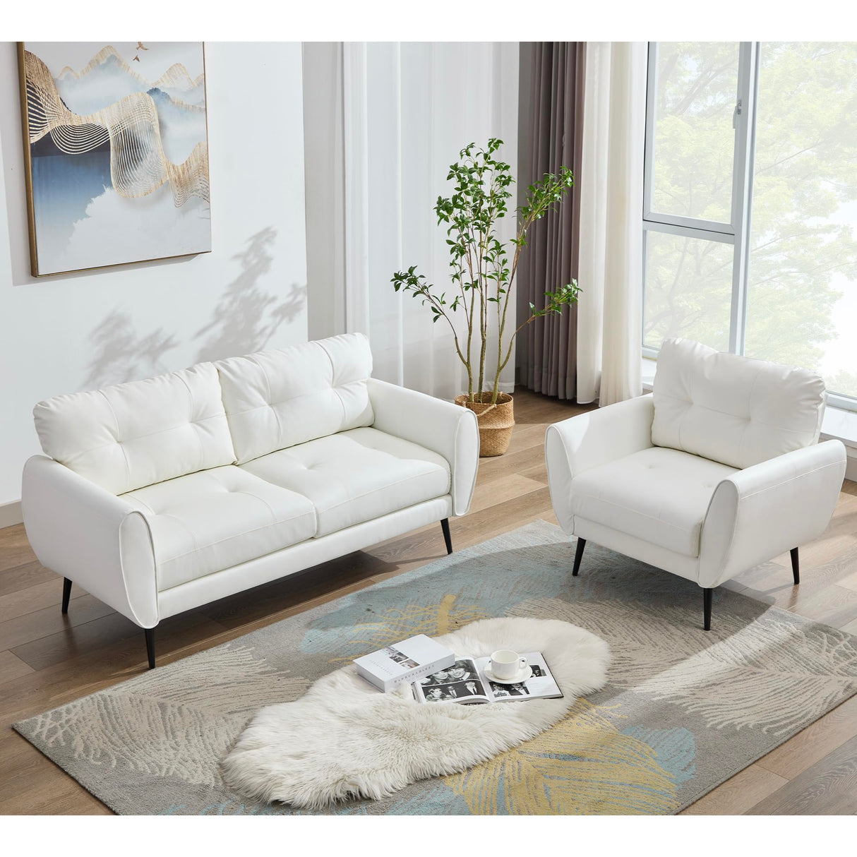 Sofa Couch 61" Small Loveseat Couches for Living Room White Leather Couch Mid Century Modern Tufted Mini Sofa Comfy Office 2 Seat Settee Love Seat Small Couches for Small Spaces Bedroom (2, White) TYBOATLE