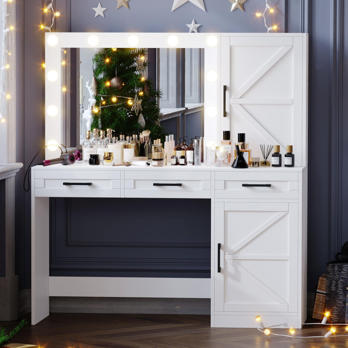 Rovaurx Vanity Table with Mirror & Lights, Farmhouse Makeup Vanity with 10 Necklace Hooks, Vanity Desk with Charging Station, 3 Color Lighting Modes, Door Cabinet, White RSZT112W Rovaurx