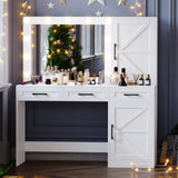 Rovaurx Vanity Table with Mirror & Lights, Farmhouse Makeup Vanity with 10 Necklace Hooks, Vanity Desk with Charging Station, 3 Color Lighting Modes, Door Cabinet, White RSZT112W Rovaurx