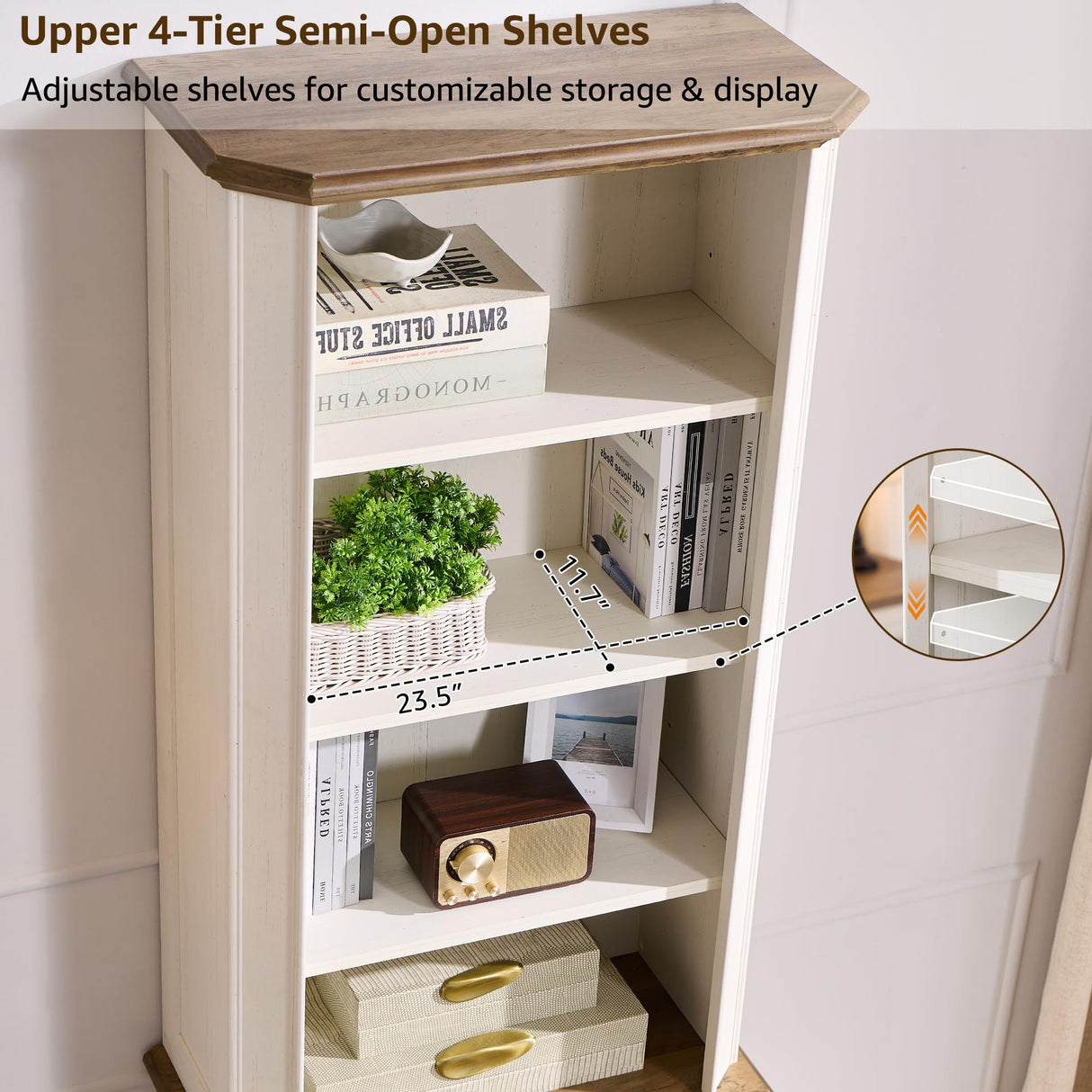 T4TREAM 6-Tier Bookshelf with Storage, 72" Tall Farmhouse Bookcase with Doors and Adjustable Shelves, Wooden Floor Standing Display Book Shelf Organizer for Home Office, Antique White T4TREAM