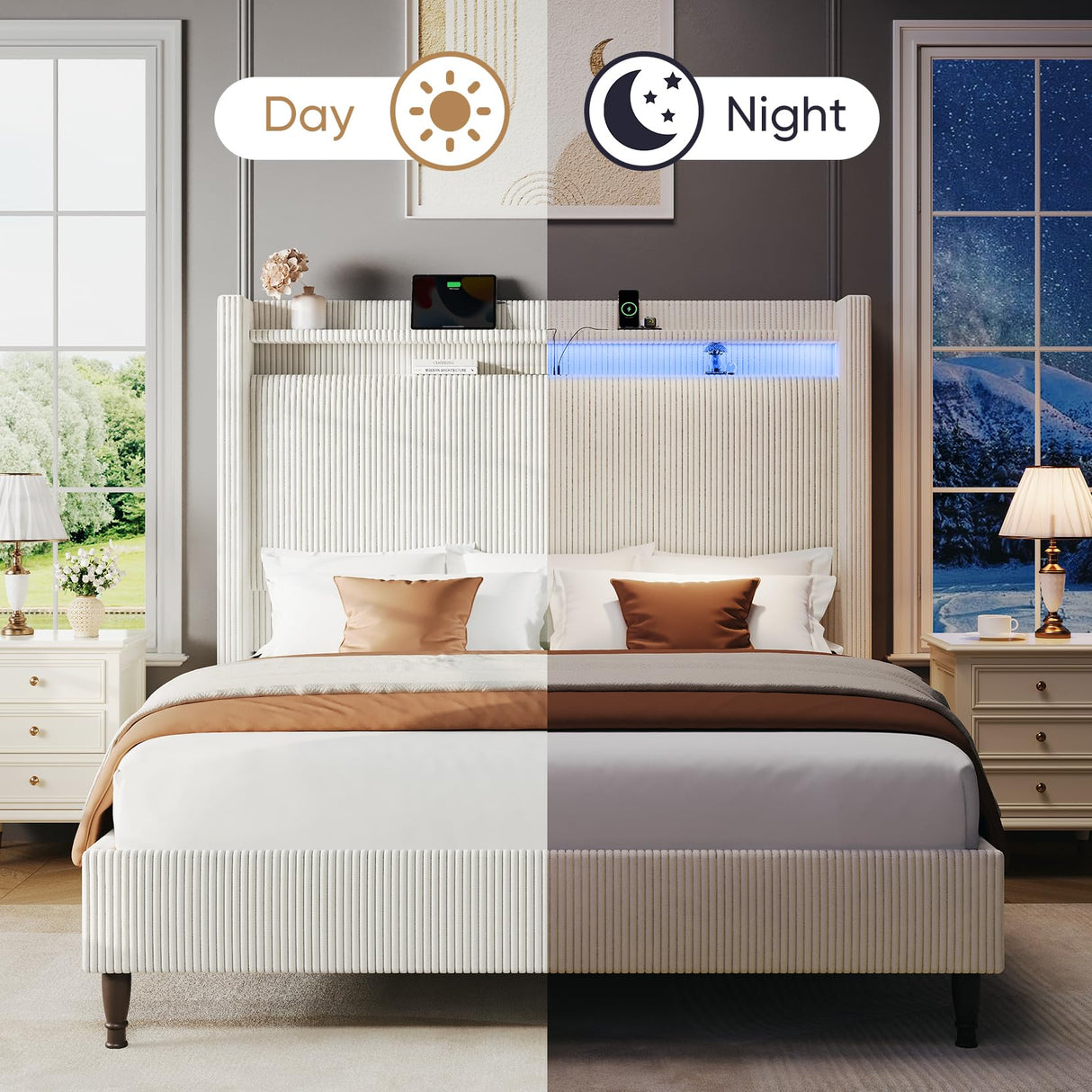 Queen Bed Frame with Tall Headboard, 55.3" Upholstered Platform Queen Size Bed Frame, Elegant Corduroy Wingback Bed with LED Lights & Charging Station, No Box Spring Needed, Solid Wood Slats, Cream Welzona