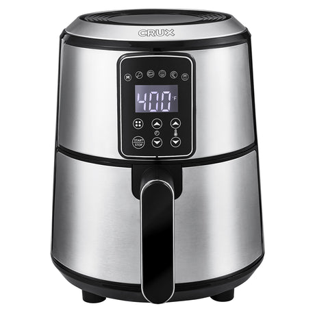 Crux 3QT Digital Air Fryer, Faster Pre-Heat, No-Oil Frying, Fast Healthy Evenly Cooked Meal Every Time, Dishwasher Safe Non Stick Pan and Crisping Tray for Easy Clean Up, Stainless Steel Crux