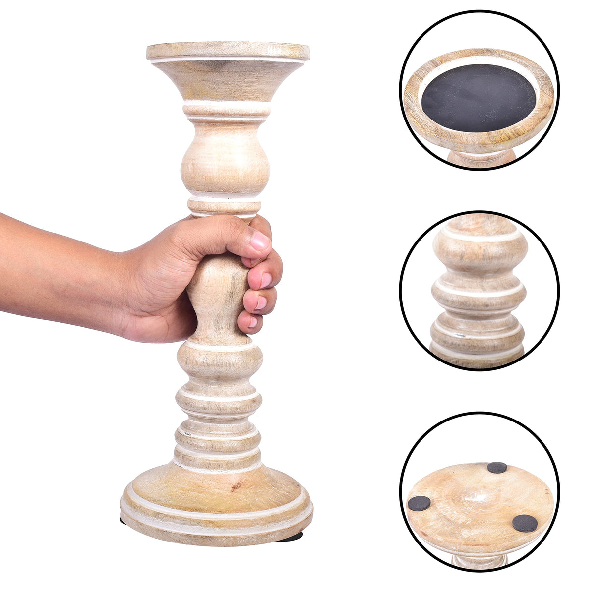 Mela Artisans Whitewash Wood Candle Holders for Pillar Candles Set of 3 | Willow Decor Style for Mantles | White Mango Wood Farmhouse Candle Holders | Rustic Wooden Candleholder | Sized 6", 9" and 12" Mela Artisans