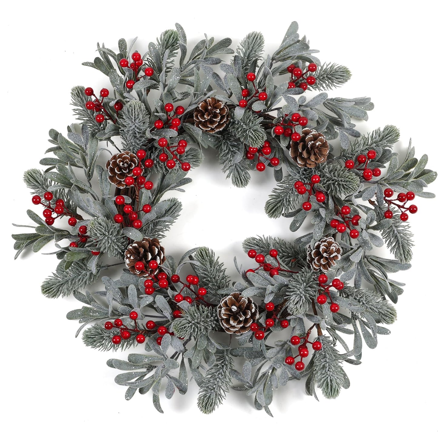 podafu Artificial Christmas Wreath 20 Inch Christmas Wreaths for Front Door Winter Wreath with Red Holly Berries Pine Cones for Front Doors Xmas Winter Holiday Indoor and Outdoor