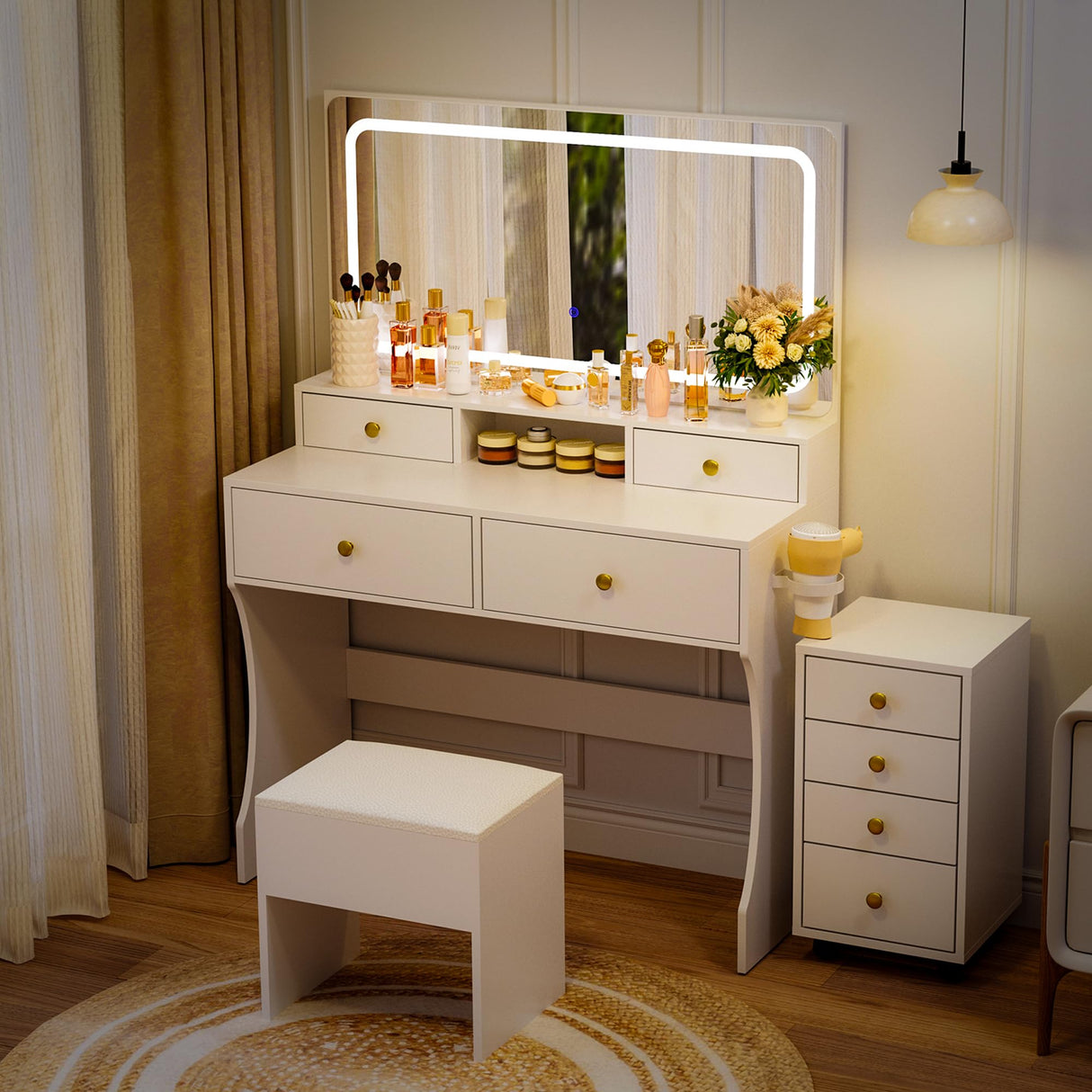 Pamapic Vanity Desk with File Cabinet, 8 Drawers Makeup Vanity with Mirror and Lights,3 Lighting Modes Dressing Table with Chair, Power Outlet, Silent Slides, White Pamapic