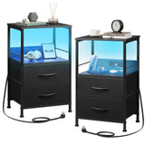 WLIVE Night Stand Set of 2 with Charger Station, Black Nightstand Sets with 2 Fabric Drawers and Storage Shelf, LED Bedside Table, Bedroom Small End Tables with 3 USB Ports and 2 AC Outlets WLIVE