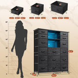 EnHomee 51" H Tall Dresser with 15 Drawers Dresser for Bedroom with Charging Station & LED Lights & Hutch Sturdy Black Bedroom Dressers, Steel Frame, Wood Top, 51.2" H x 39.3" W x 11.8" D EnHomee