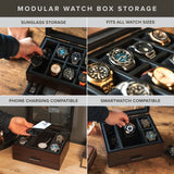 CASE ELEGANCE 8 Slot Watch Box Case Organizer for Men, Cherry Wood Walnut Finish, Watch Display Case, Modular Valet Tray, Apple Watch Compatible with Apple Watch Stand, Accessory Drawer, Pillow Stands CASE ELEGANCE