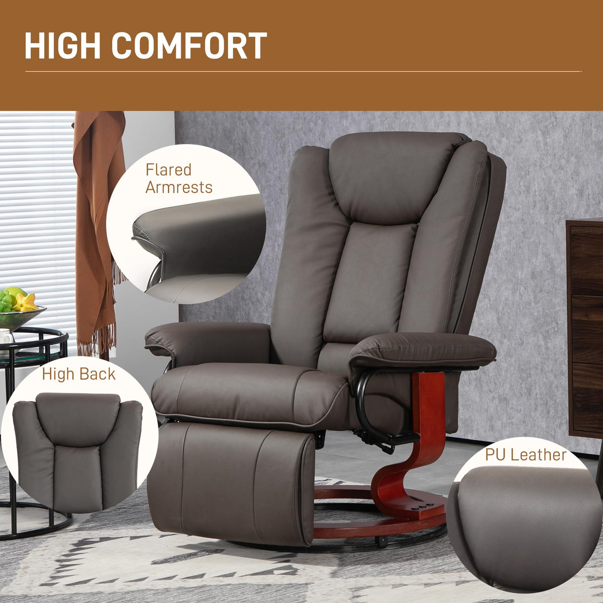 HOMCOM Manual Swivel Recliner Chair, PU Leather Reclining Chair with Footrest for Living Room, Brown HOMCOM