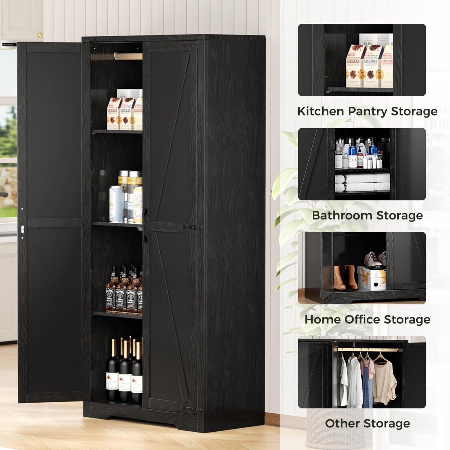 INTERGREAT 72”Tall Storage Cabinet, Wood Wardrobe Closet with 2 Barn Doors and Adjustable Shelves, Large Pantry Cabinet for Bedroom, Bathroom, Kitchen,Black - WoodArtSupply