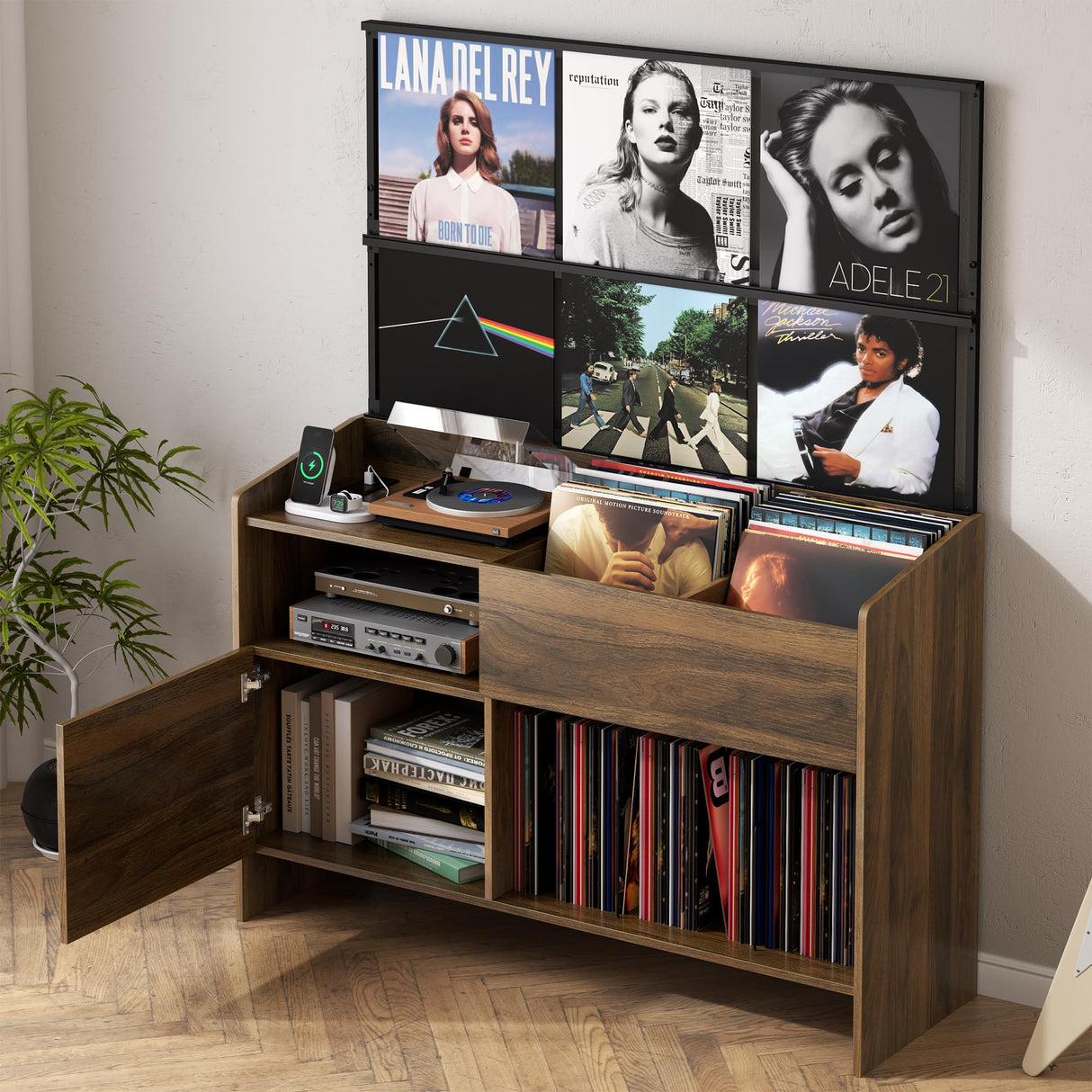 Gyfimoie Upgraded Large Record Player Stand, Mid-Century Turntable Stand with Power Outlet, Large Record Player Table Holds Up to 500 Albums, Vinyl Storage Cabinet Display Shelf for Living Room (Walnut) Gyfimoie