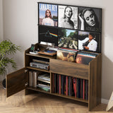 Gyfimoie Upgraded Large Record Player Stand, Mid-Century Turntable Stand with Power Outlet, Large Record Player Table Holds Up to 500 Albums, Vinyl Storage Cabinet Display Shelf for Living Room (Walnut) Gyfimoie
