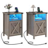 Hlivelood Farmhouse LED Nightstand Set of 2 with Charging Station, Rustic End Table with Barn Door & Storage Shelf, Bedside Table for Bedroom, Living Room, Grey Hlivelood