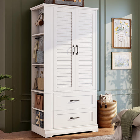 IRONCK Armoire Wardrobe Closet, 70.87" H Wooden Bedroom Armoire with 2 Louvered Doors, 2 Drawers and Shelves, Large Freestanding Clothing Storage Cabinet, White IRONCK