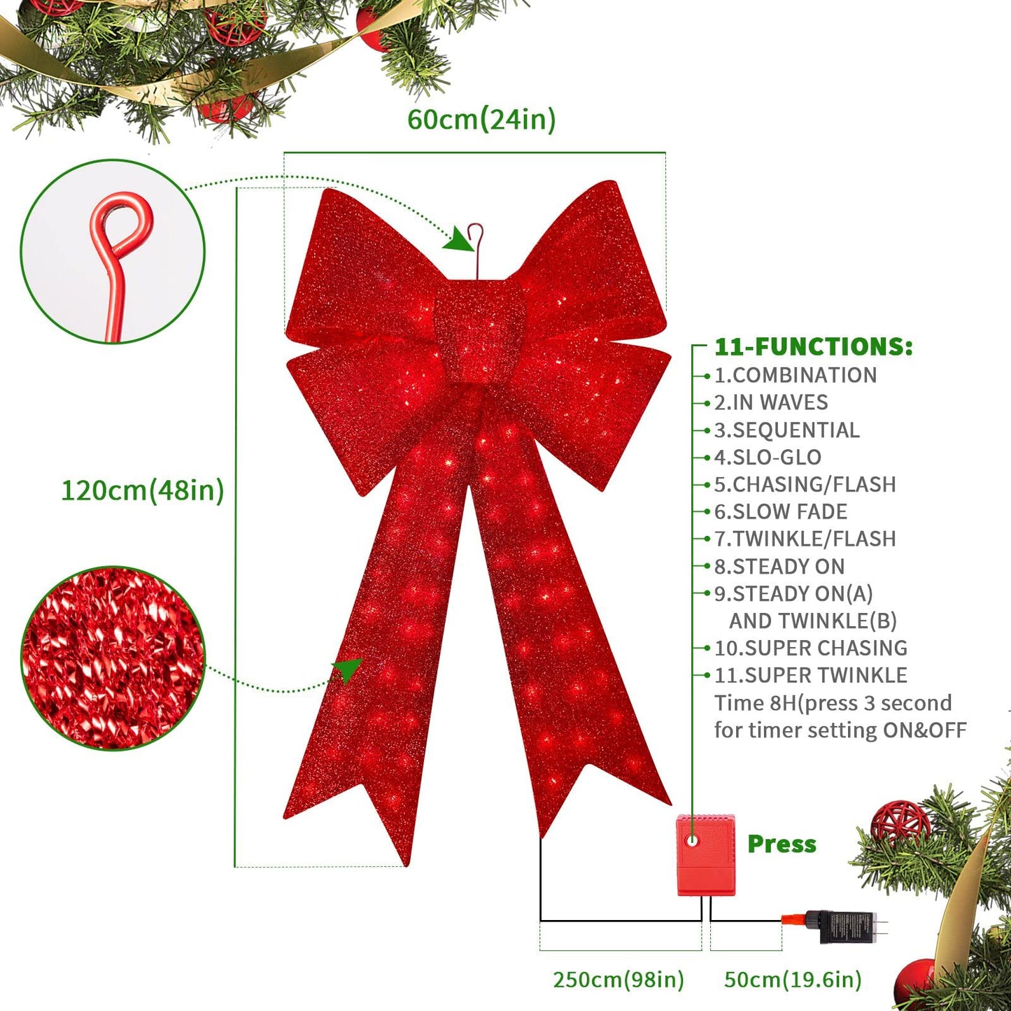 LAMPHOME(48in 126LED Red Lighted Christmas Large Bow, Wreaths Bows with Lights Christmas Tree Garland Ornament for Xmas Party Accessories Crafts Decor Indoor Outdoor