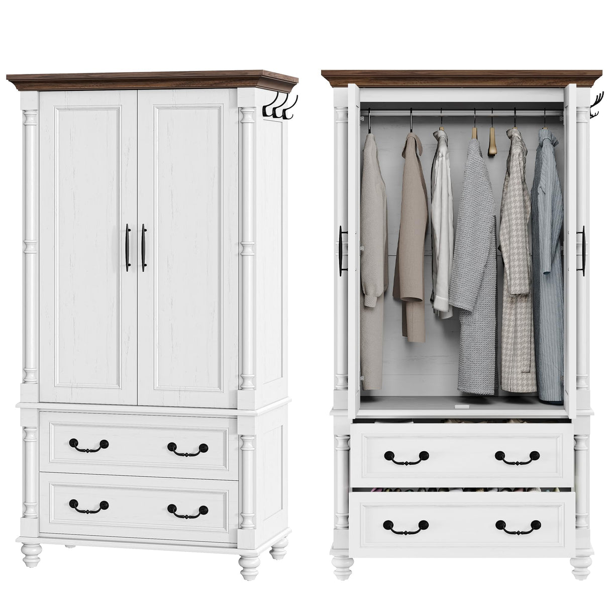 LIKIMIO Farmhouse Armoire Wardrobe Closet with 2 Doors and 2 Drawers, 70" H x 36" W, Large Bedroom Armoire with Roman Column and 3 Hanging Hooks, Wooden Freestanding Closet Cabinet, White LIKIMIO