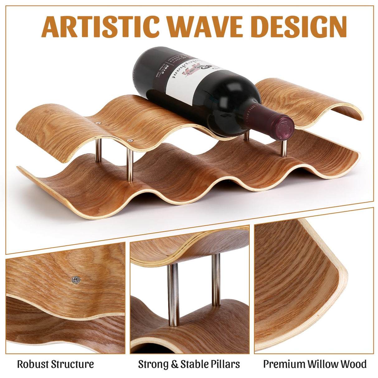 VAlinks Table Wine Rack Countertop Freestanding Wine Racks & Cabinet 2 Tier 7 Bottles Wave Willow Wood Champagne Rack VAlinks