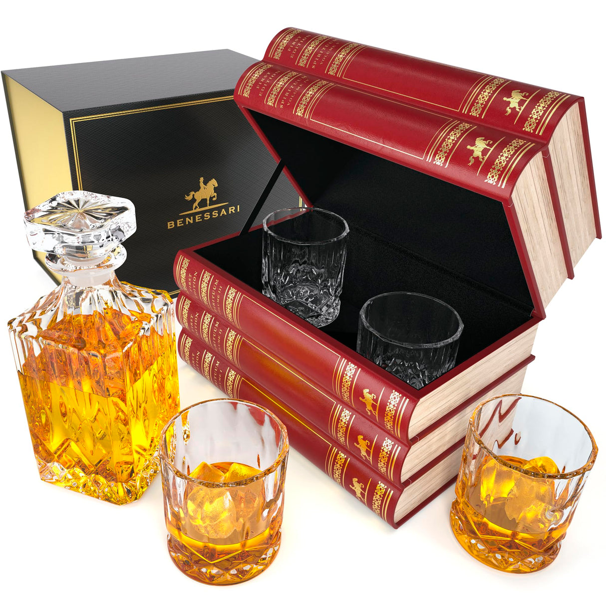 BENESSARI Whiskey Decanter Gift Set - Fake Book Tantalus Bourbon Cocktail Glasses Set of 4, Crystal Scotch Whiskey Glasses, Old Fashioned Liquor Men Gift, Bar, Kitchen Decor, Whisky Glass Sets BENESSARI