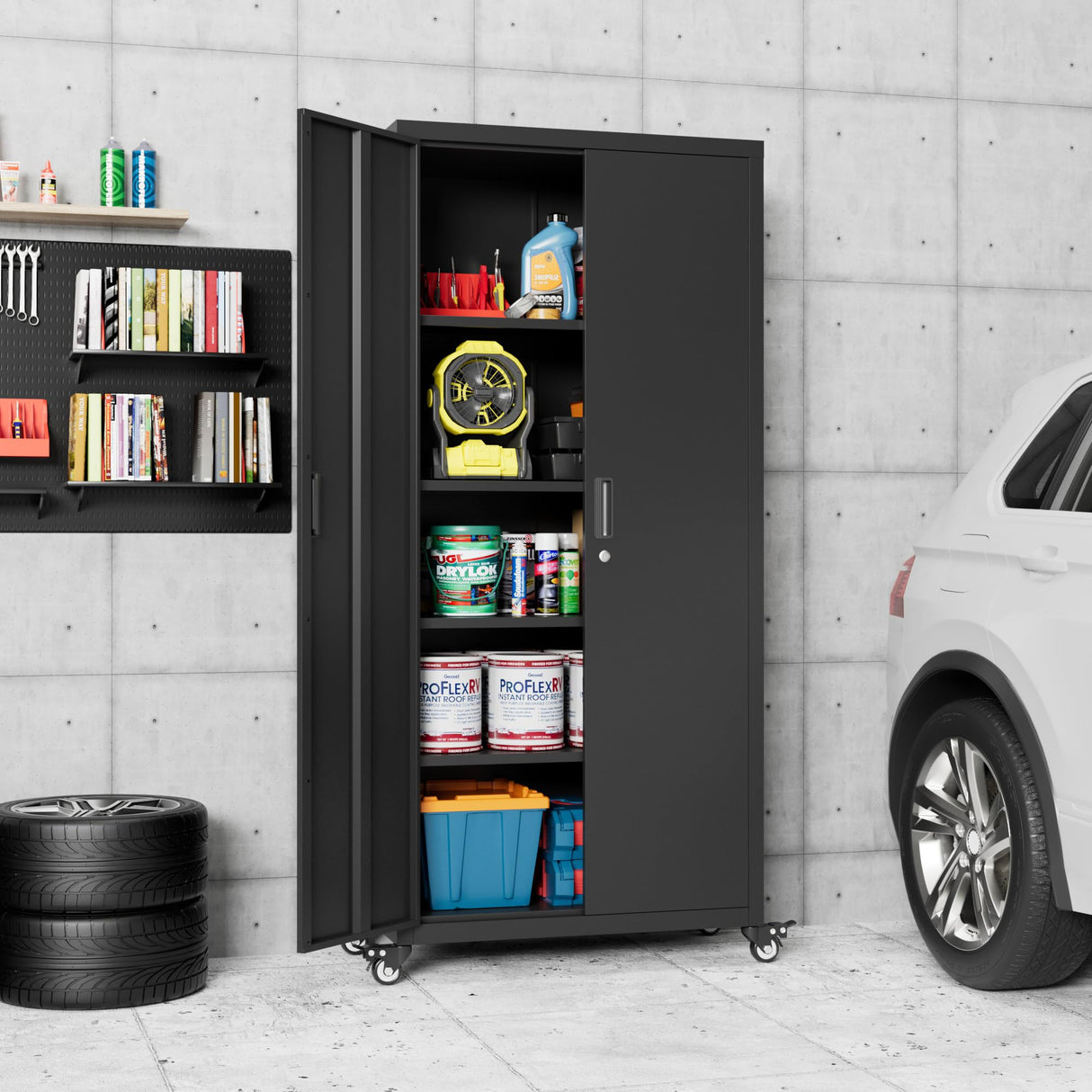 Reemoon 73" H Metal Storage Cabinet with Wheels, Garage Storage Cabinet with 4 Adjustable Shelves and Lockable Doors for Garage Home Office Utility Room,Required Assembly,Black Reemoon